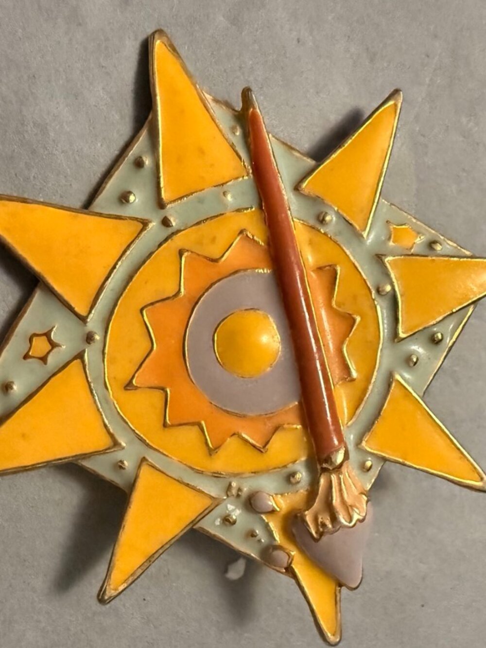Vintage AJC Celestial Sun Paintbrush Brooch Enamel Gold Tone Signed Artist Pin